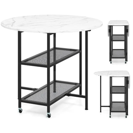 Folding Round Dining Table with Lockable Wheels-White - White - Dining Tables