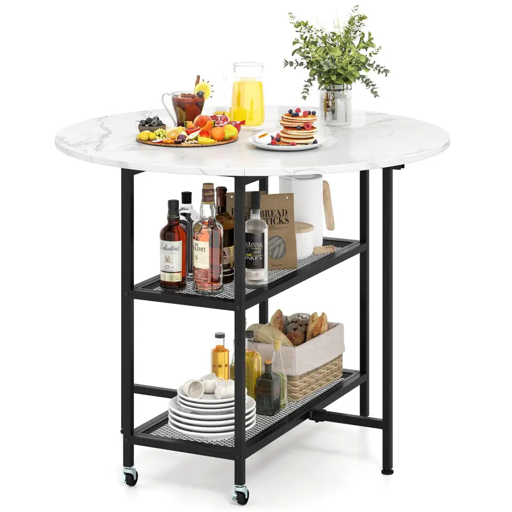 Folding Round Dining Table with Lockable Wheels-White - White - Dining Tables