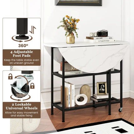 Folding Round Dining Table with Lockable Wheels-White - White - Dining Tables