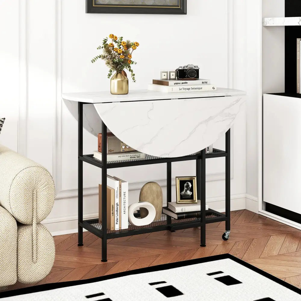 Folding Round Dining Table with Lockable Wheels-White - White - Dining Tables