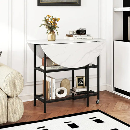 Folding Round Dining Table with Lockable Wheels-White - White - Dining Tables