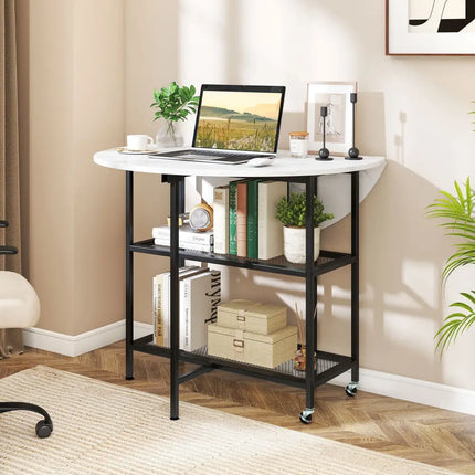 Folding Round Dining Table with Lockable Wheels-White - White - Dining Tables