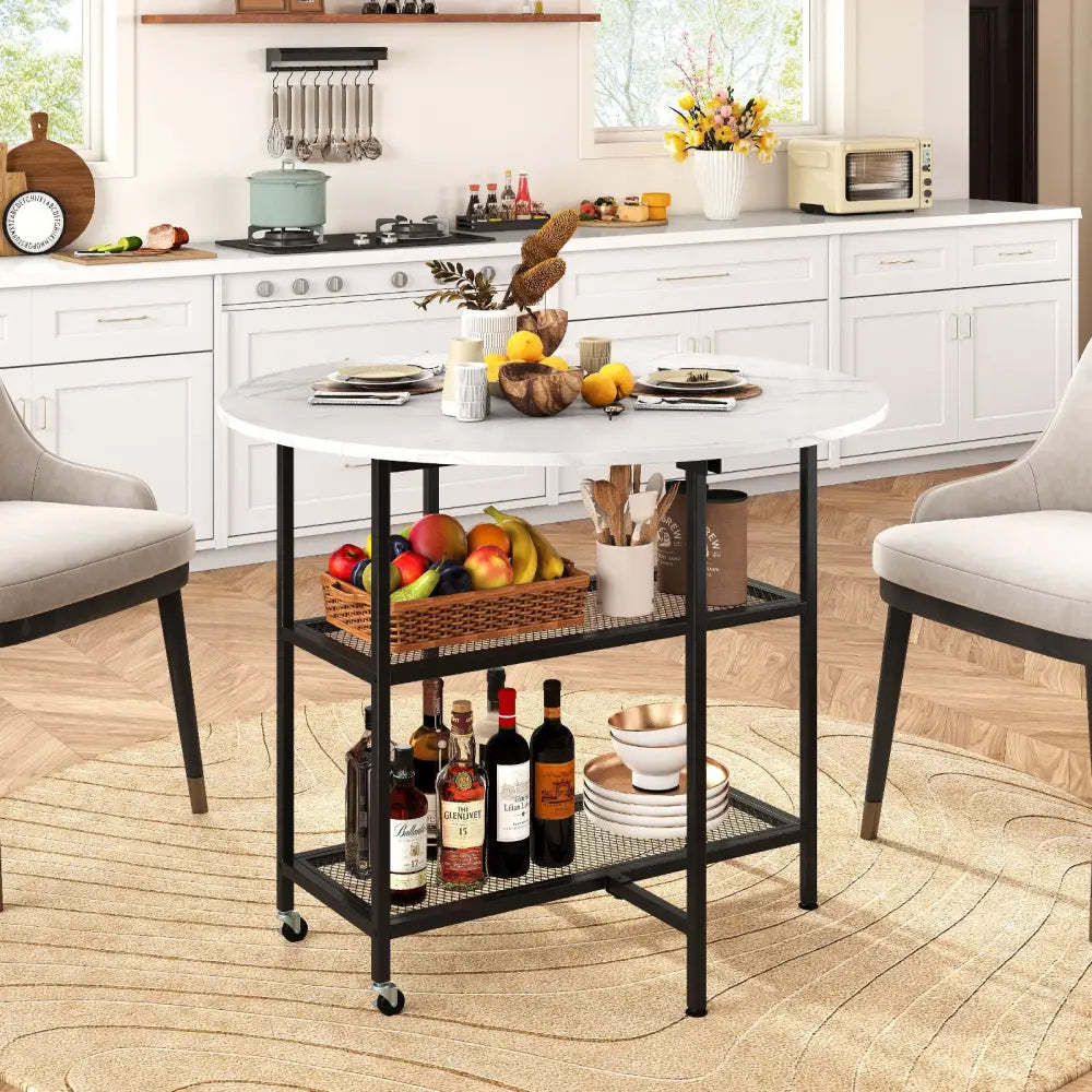 Folding Round Dining Table with Lockable Wheels-White - White - Dining Tables