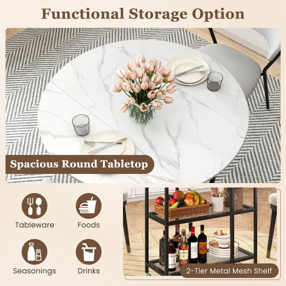 Folding Round Dining Table with Lockable Wheels-White - White - Dining Tables