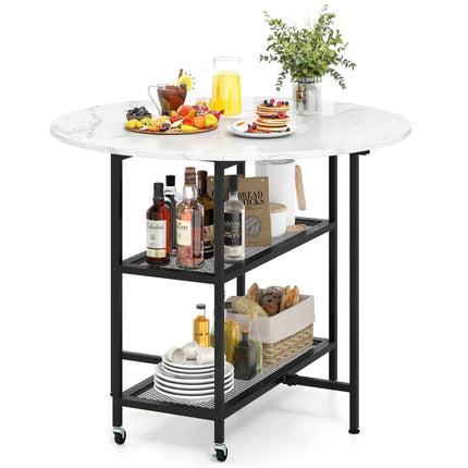Folding Round Dining Table with Lockable Wheels-White - White - Dining Tables