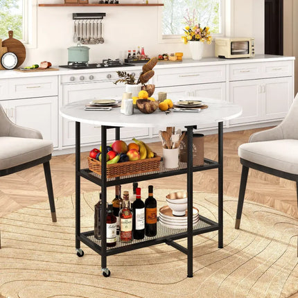 Folding Round Dining Table with Lockable Wheels-White - White - Dining Tables