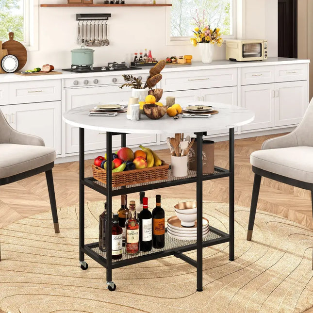 Folding Round Dining Table with Lockable Wheels-White - White - Dining Tables