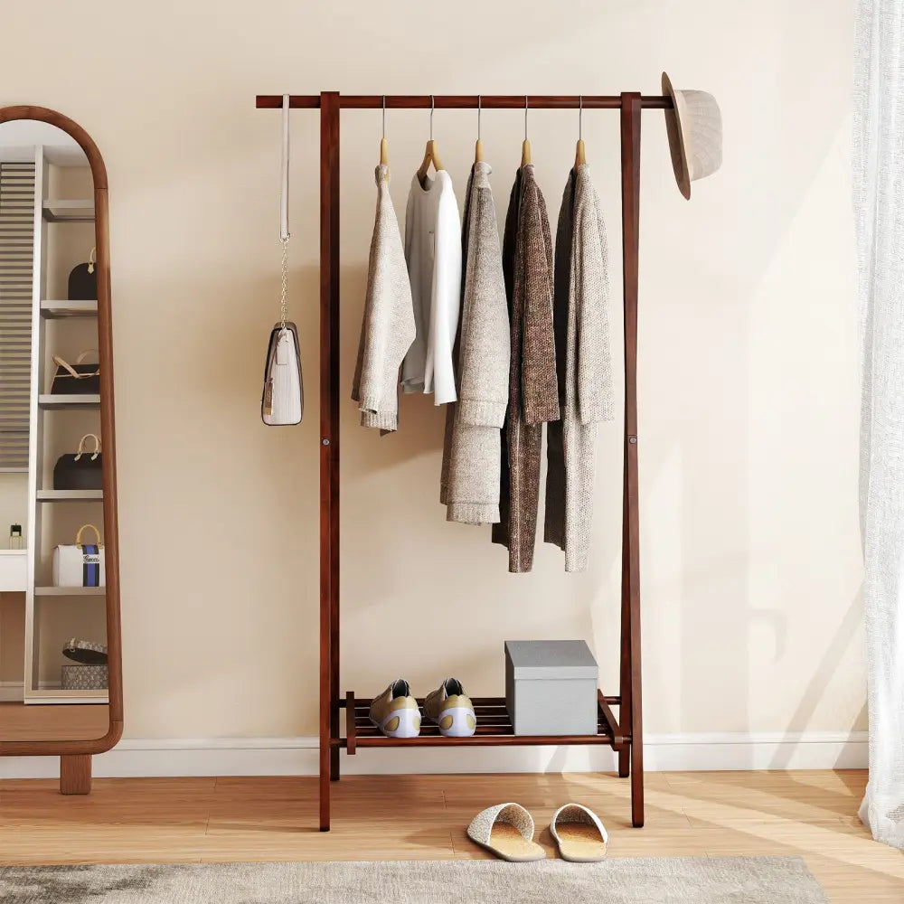 Folding Rubber Wood Clothes Hanging Rack Standing Garment Rack with Bottom Storage Shelf-Walnut - Walnut - Coat Racks &