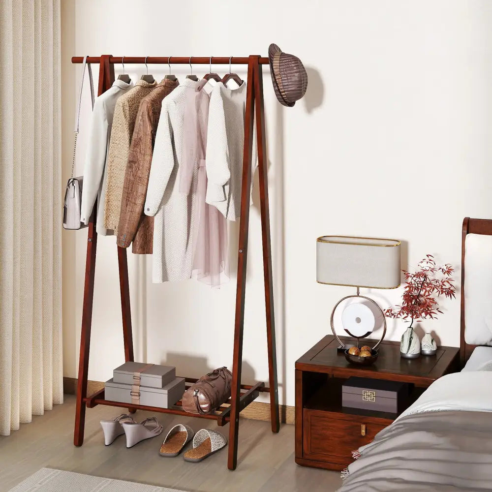 Folding Rubber Wood Clothes Hanging Rack Standing Garment Rack with Bottom Storage Shelf-Walnut - Walnut - Coat Racks &