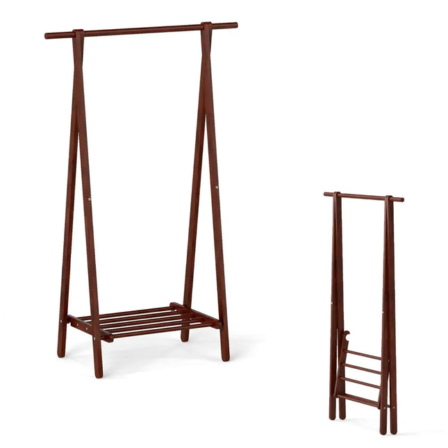 Folding Rubber Wood Clothes Hanging Rack Standing Garment Rack with Bottom Storage Shelf-Walnut - Walnut - Coat Racks &