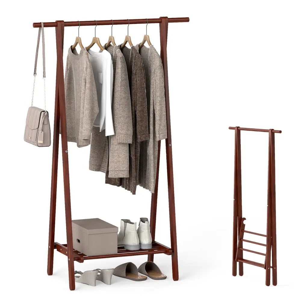 Folding Rubber Wood Clothes Hanging Rack Standing Garment Rack with Bottom Storage Shelf-Walnut - Walnut - Coat Racks &