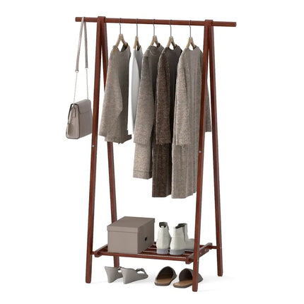 Folding Rubber Wood Clothes Hanging Rack Standing Garment Rack with Bottom Storage Shelf-Walnut - Walnut - Coat Racks &