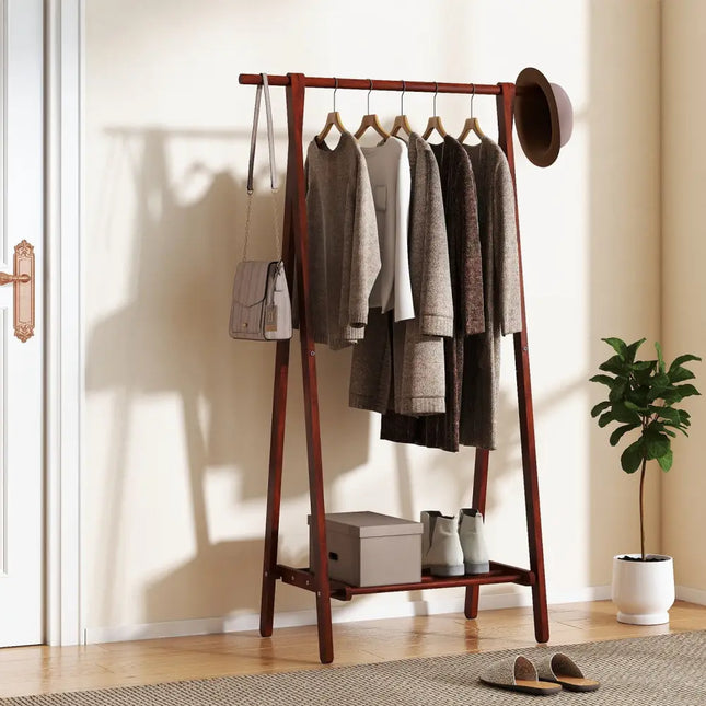 Folding Rubber Wood Clothes Hanging Rack Standing Garment Rack with Bottom Storage Shelf-Walnut - Walnut - Coat Racks &