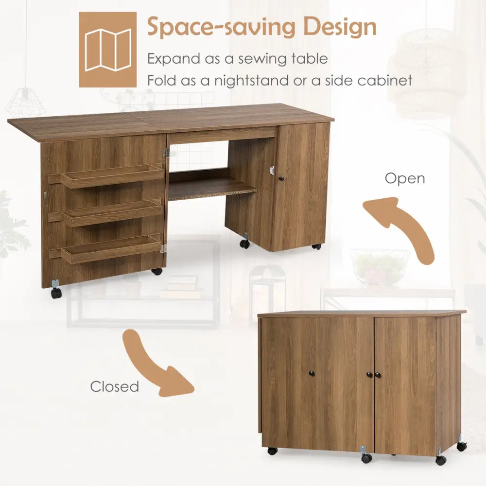 Folding Sewing Table Shelves Storage Cabinet Craft Cart with Wheels-Natural - Natural - Sewing Tables