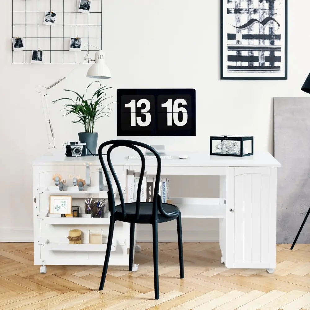 Folding Sewing Table Shelves Storage Cabinet Craft Cart with Wheels-White - White - Sewing Tables
