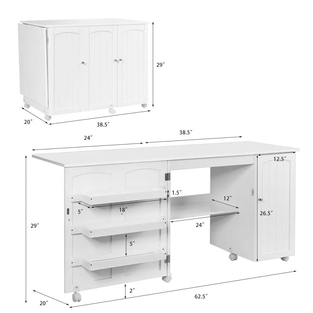 Folding Sewing Table Shelves Storage Cabinet Craft Cart with Wheels-White - White - Sewing Tables