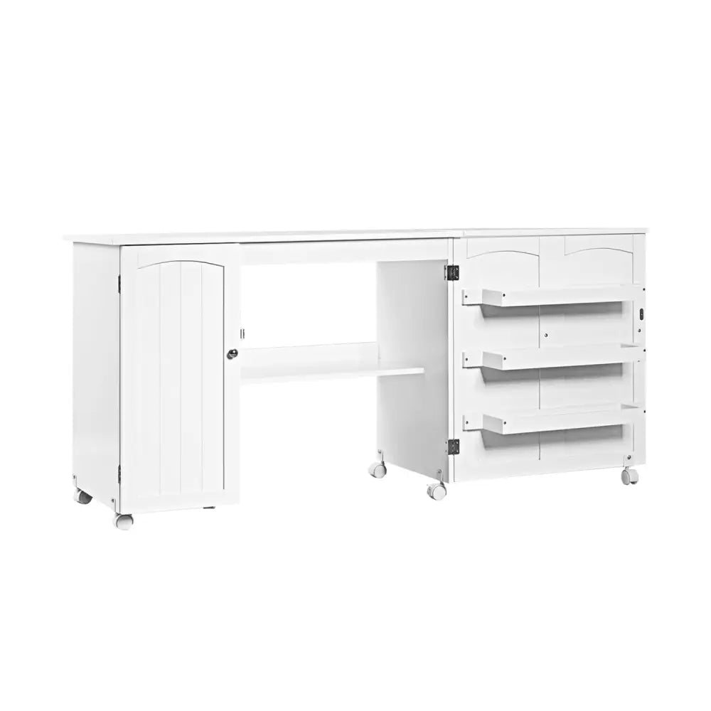 Folding Sewing Table Shelves Storage Cabinet Craft Cart with Wheels-White - White - Sewing Tables
