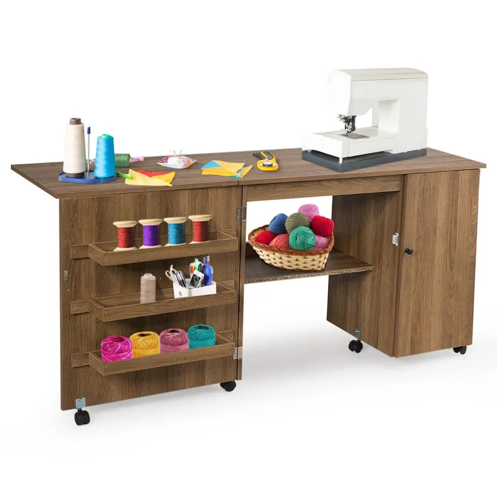 Folding Sewing Table Shelves Storage Cabinet Craft Cart with Wheels-Natural - Natural - Sewing Tables
