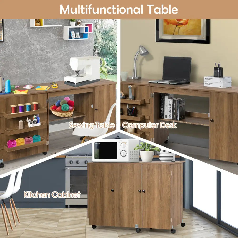 Folding Sewing Table Shelves Storage Cabinet Craft Cart with Wheels-Natural - Natural - Sewing Tables