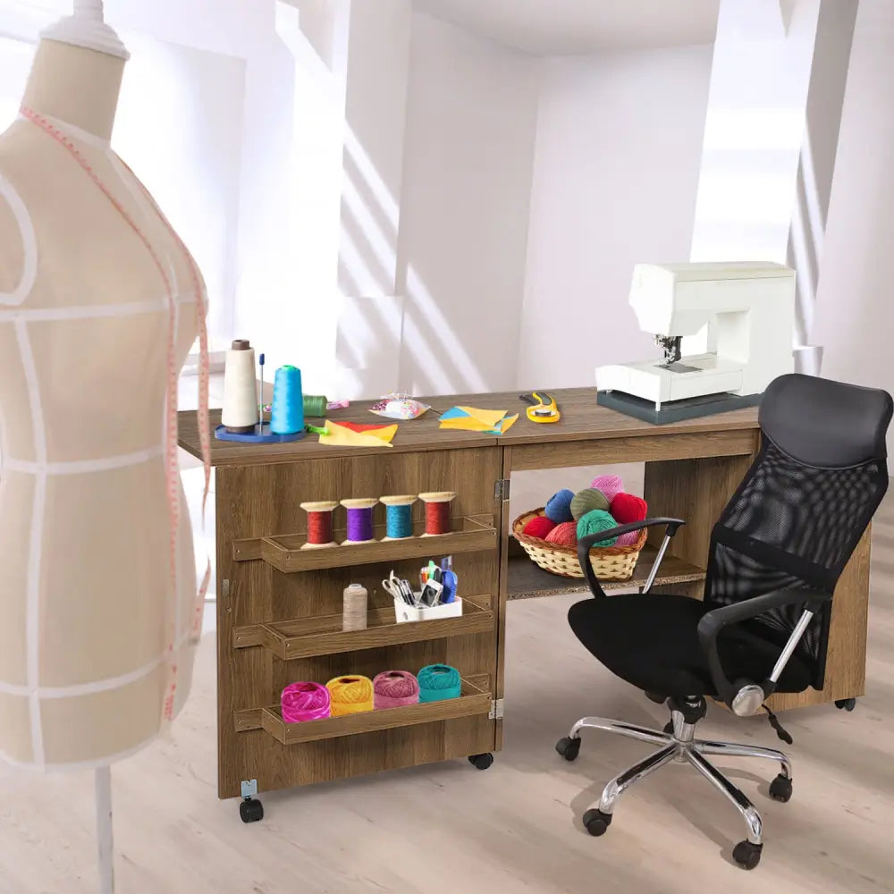Folding Sewing Table Shelves Storage Cabinet Craft Cart with Wheels-Natural - Natural - Sewing Tables