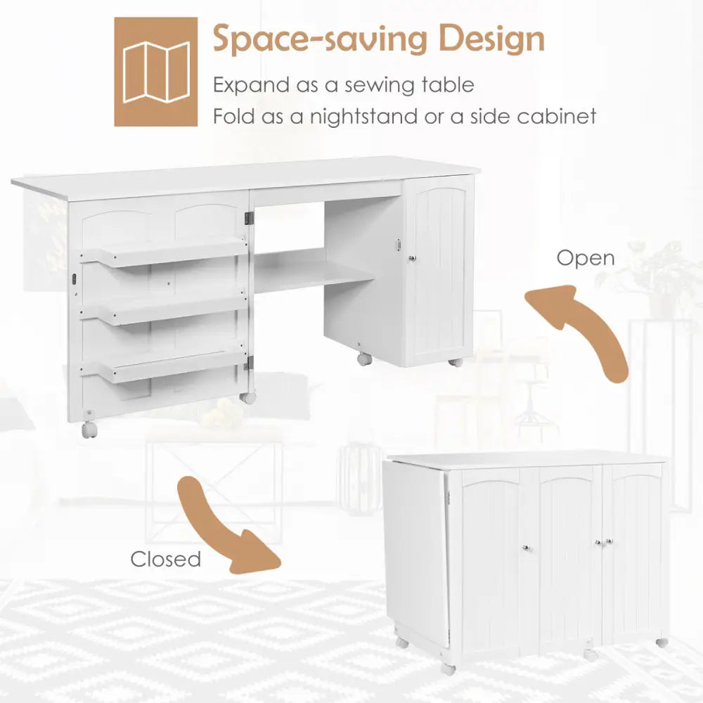 Folding Sewing Table Shelves Storage Cabinet Craft Cart with Wheels-White - White - Sewing Tables