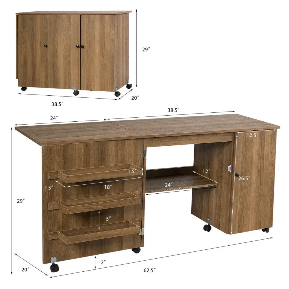 Folding Sewing Table Shelves Storage Cabinet Craft Cart with Wheels-Natural - Natural - Sewing Tables