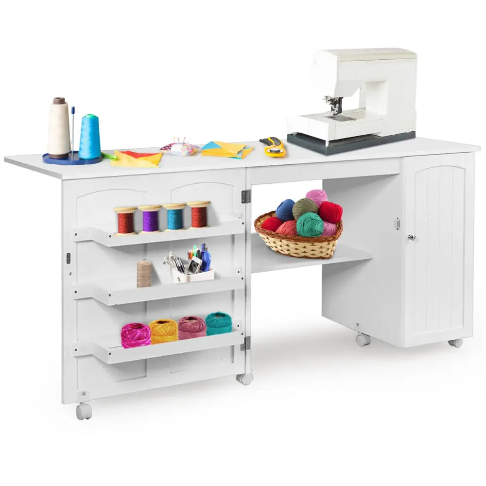 Folding Sewing Table Shelves Storage Cabinet Craft Cart with Wheels-White - White - Sewing Tables