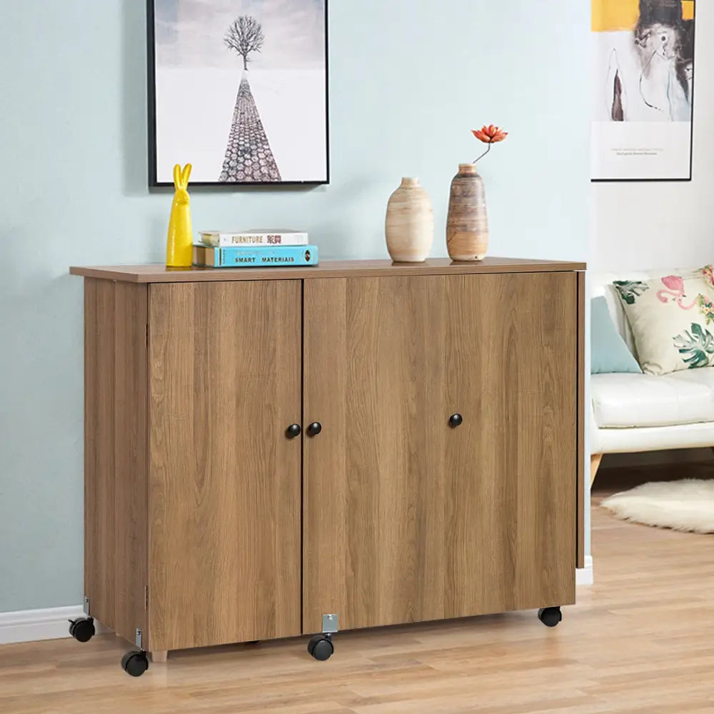 Folding Sewing Table Shelves Storage Cabinet Craft Cart with Wheels-Natural - Natural - Sewing Tables