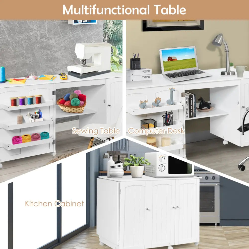 Folding Sewing Table Shelves Storage Cabinet Craft Cart with Wheels-White - White - Sewing Tables