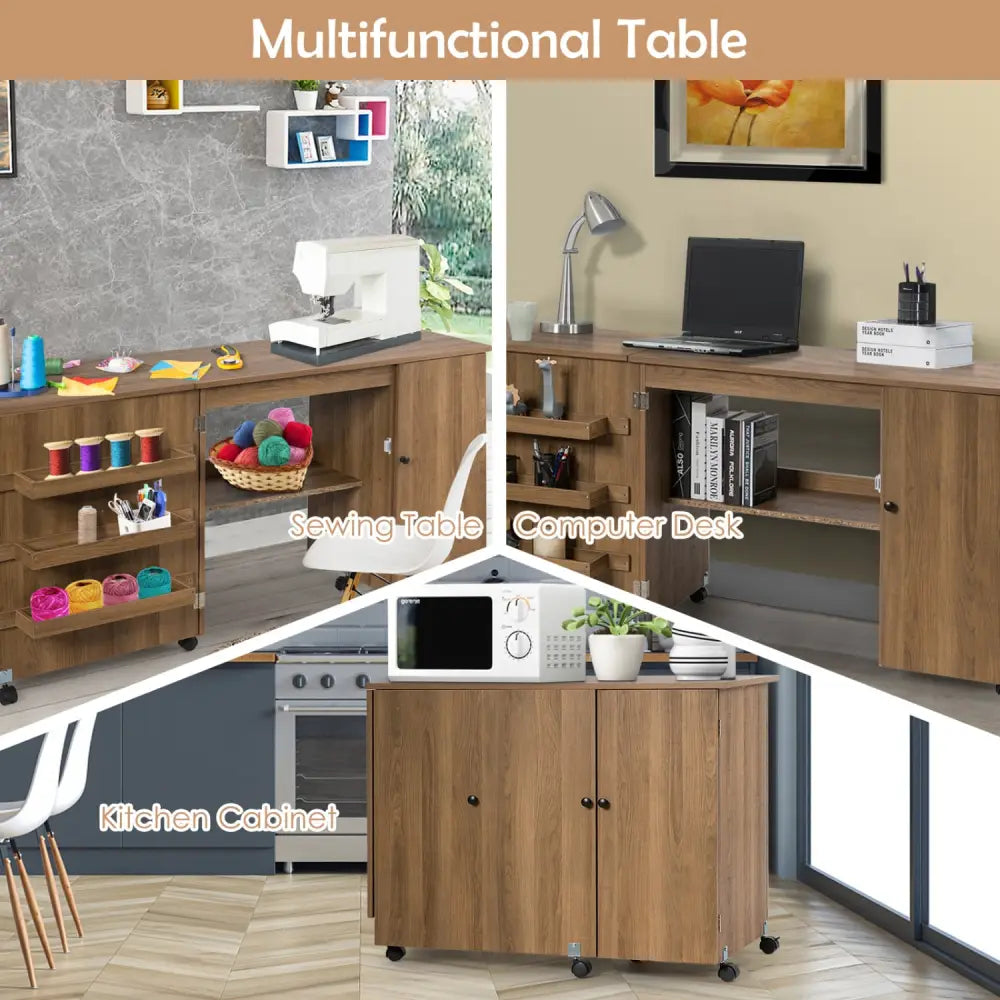 Folding Sewing Table Shelves Storage Cabinet Craft Cart with Wheels-Natural - Natural - Sewing Tables