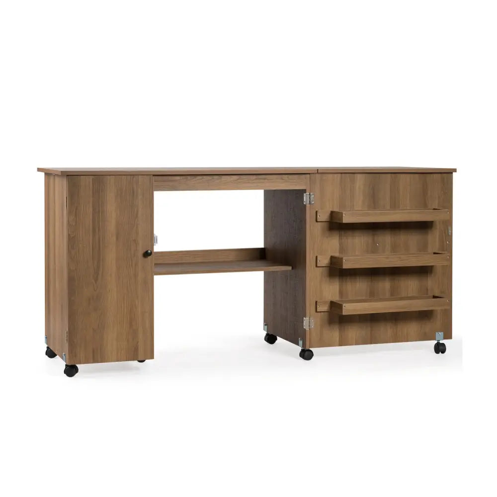 Folding Sewing Table Shelves Storage Cabinet Craft Cart with Wheels-Natural - Natural - Sewing Tables