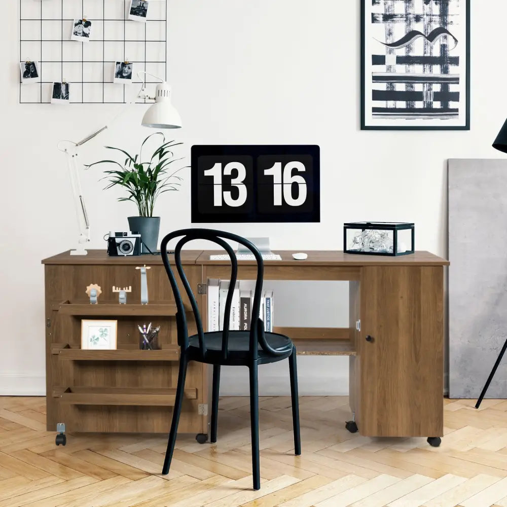 Folding Sewing Table Shelves Storage Cabinet Craft Cart with Wheels-Natural - Natural - Sewing Tables