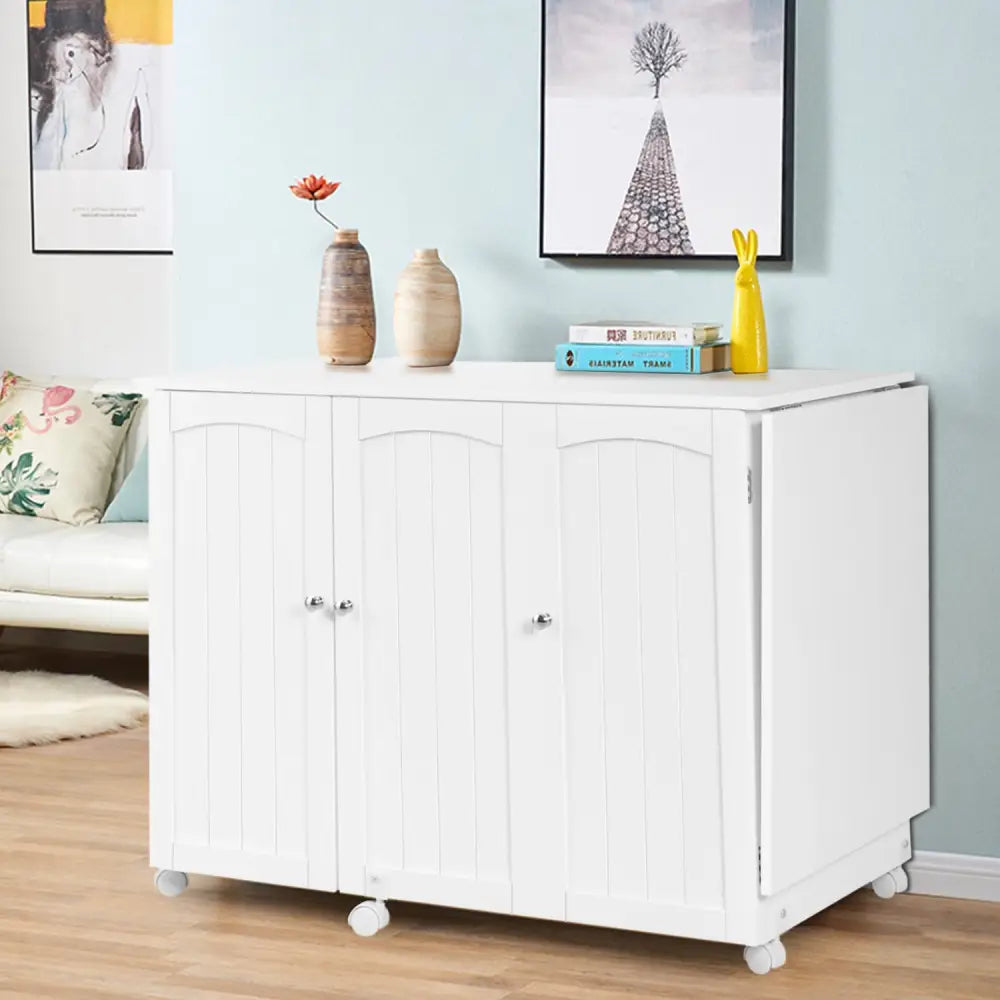 Folding Sewing Table Shelves Storage Cabinet Craft Cart with Wheels-White - White - Sewing Tables