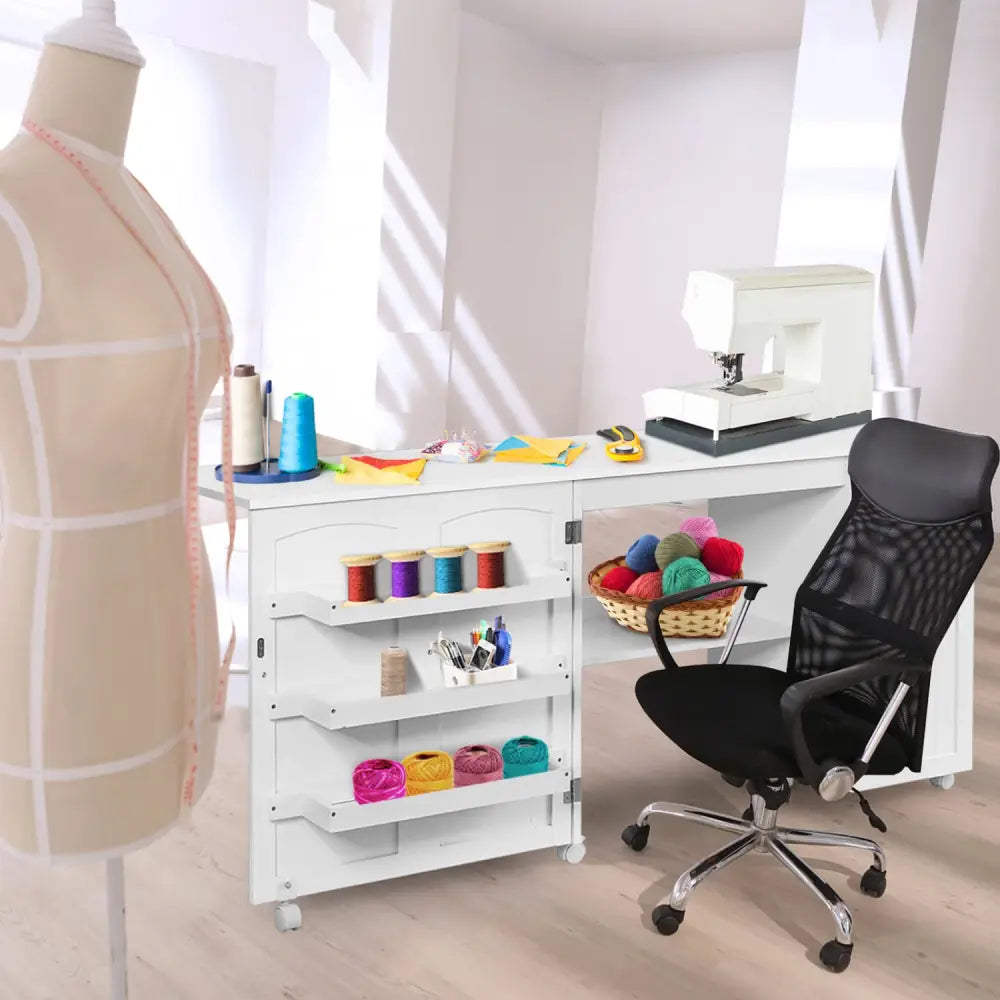 Folding Sewing Table Shelves Storage Cabinet Craft Cart with Wheels-White - White - Sewing Tables