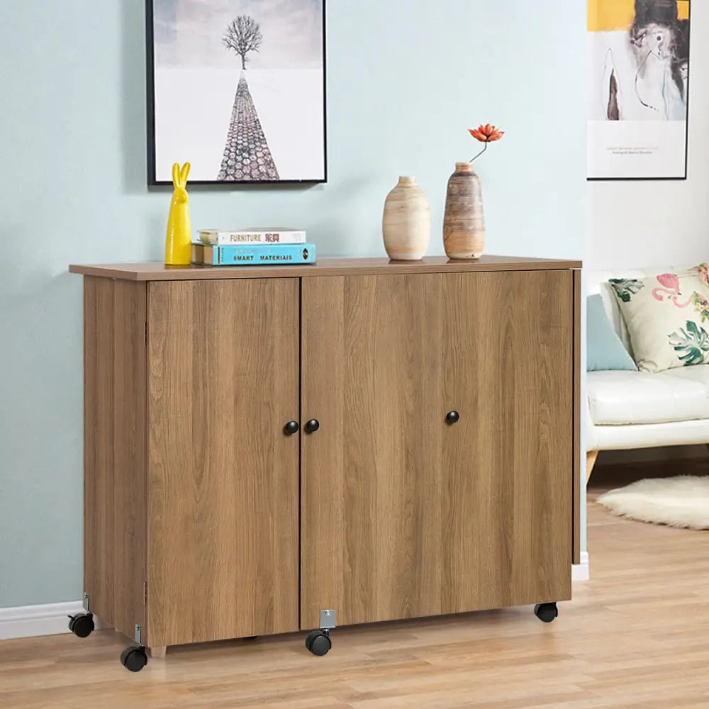 Folding Sewing Table Shelves Storage Cabinet Craft Cart with Wheels-Natural - Natural - Sewing Tables