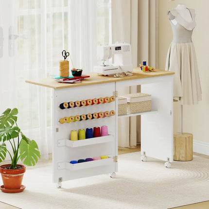 Folding Sewing Table with Storage Shelf and 5 Lockable Wheel-Natural and White - Natural & White - Sewing Tables