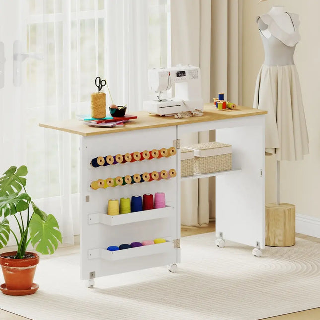 Folding Sewing Table with Storage Shelf and 5 Lockable Wheel-Natural and White - Natural & White - Sewing Tables