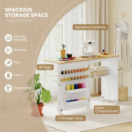 Folding Sewing Table with Storage Shelf and 5 Lockable Wheel-Natural and White - Natural & White - Sewing Tables