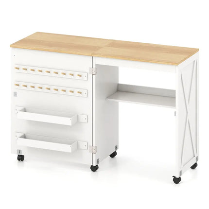 Folding Sewing Table with Storage Shelf and 5 Lockable Wheel-Natural and White - Natural & White - Sewing Tables