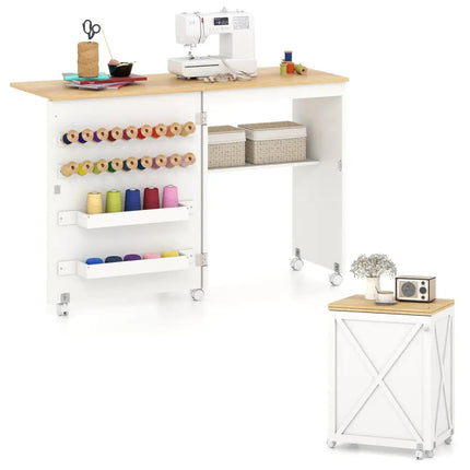 Folding Sewing Table with Storage Shelf and 5 Lockable Wheel-Natural and White - Natural & White - Sewing Tables
