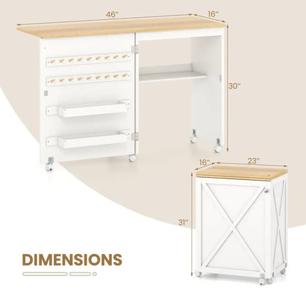 Folding Sewing Table with Storage Shelf and 5 Lockable Wheel-Natural and White - Natural & White - Sewing Tables