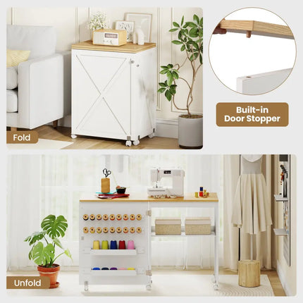 Folding Sewing Table with Storage Shelf and 5 Lockable Wheel-Natural and White - Natural & White - Sewing Tables