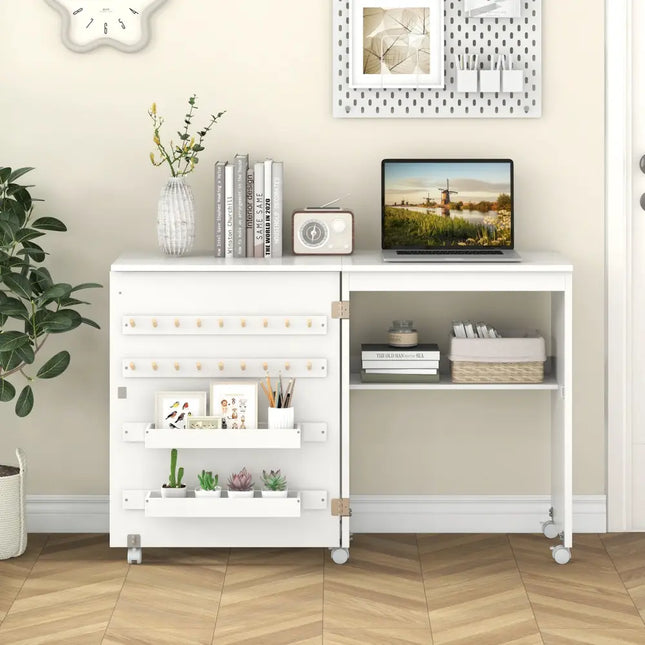 Folding Sewing Table with Storage Shelf and 5 Lockable Wheel-White - White - Sewing Tables
