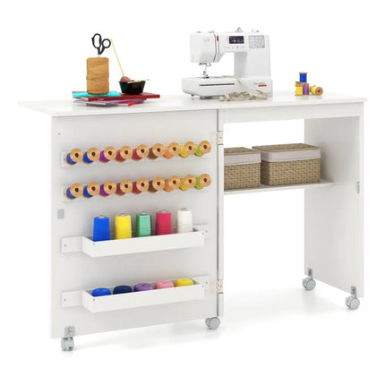 Folding Sewing Table with Storage Shelf and 5 Lockable Wheel-White - White - Sewing Tables