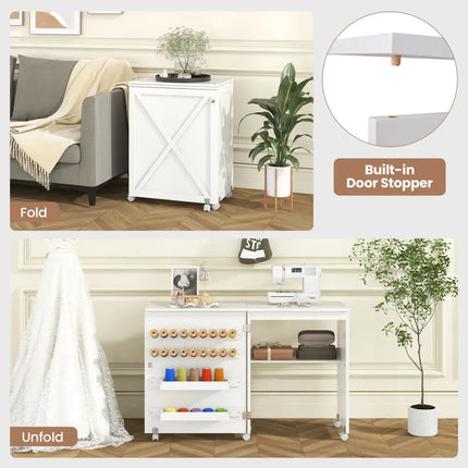 Folding Sewing Table with Storage Shelf and 5 Lockable Wheel-White - White - Sewing Tables