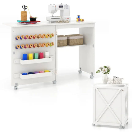 Folding Sewing Table with Storage Shelf and 5 Lockable Wheel-White - White - Sewing Tables