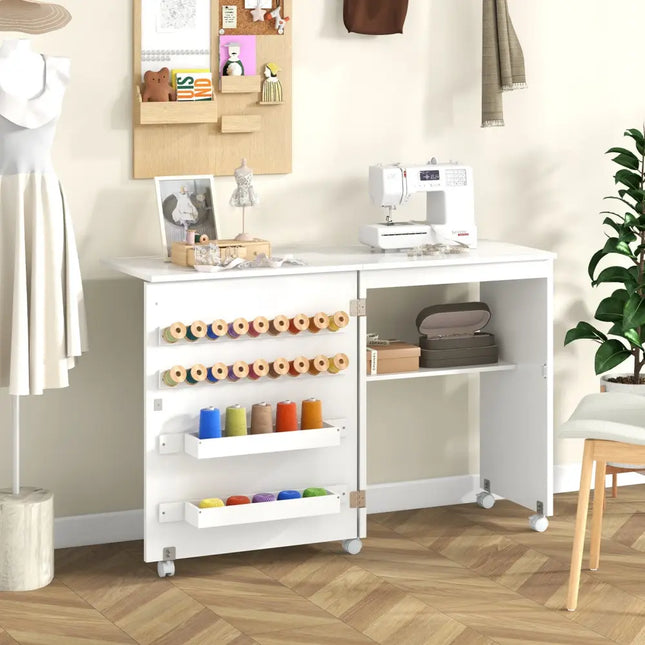Folding Sewing Table with Storage Shelf and 5 Lockable Wheel-White - White - Sewing Tables