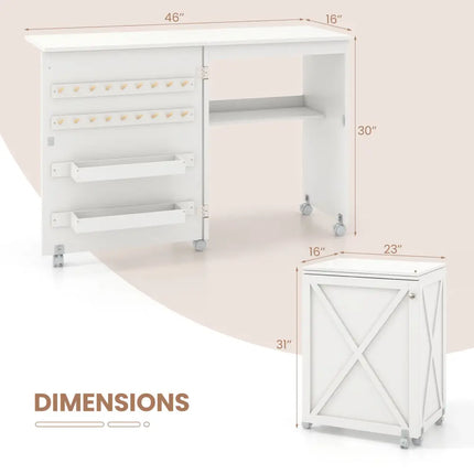 Folding Sewing Table with Storage Shelf and 5 Lockable Wheel-White - White - Sewing Tables