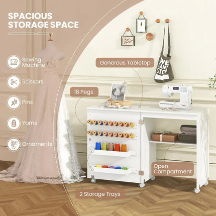 Folding Sewing Table with Storage Shelf and 5 Lockable Wheel-White - White - Sewing Tables