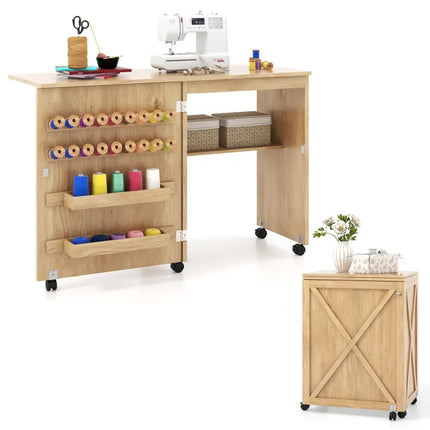 Folding Sewing Table with Storage Shelf and 5 Lockable Wheels-Natural - Natural - Sewing Tables